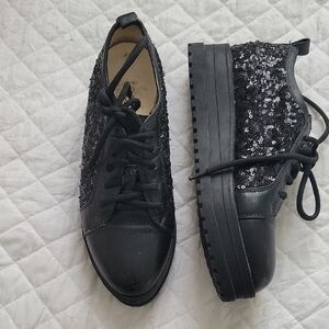 Women's Black Sequin Lace-Up Platform Boots